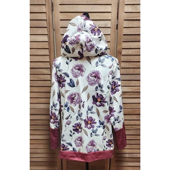 POL Women's White/Purple Floral Knit Hoodie Hooded Pullover Sweater Top Size L - Picture 7 of 8